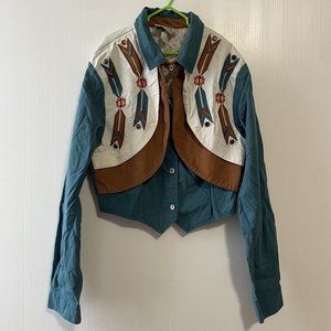 Vintage 1849 Authentic Ranchwear Crop Shirt Women’s XS Teal Brown White